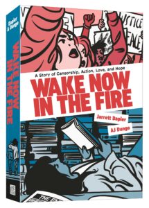 The title is on a banner in the middle of the cover. The top half shows a cartoon of people protesting in shades of red. The bottom half shows a girl laying on the floor reading a book in shades of blue.