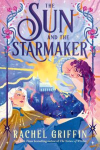 The cover is outlines by roses with thorns. It features a woman with curly purple hair. She leans down and holds the hand of a man with long white hair. In the center of the cover is a large sun.