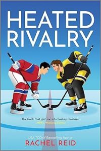 A cartoon man with black hair and a red and blue hockey jersey facing off against a man with brown hair and a yellow and black hockey jersey. They are in the center of the rink. The background of the cover is blue.
