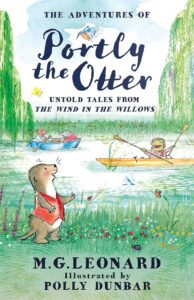 A children's illustration of an otter in a red vest beside a pond. He waves at a frog sailing in a row boat. In another row boat there is a mouse and mole.