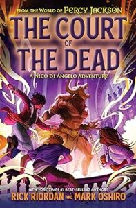 Three children: one with short dark hair, one with short blonde hair, and one with long brown hair. They are battling a minotaur in a large ornate room. A purple glow highlights them and is prominent in the background.