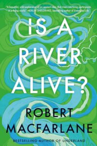 Art made of green and blue swirling colours. The blue looks like a winding river on green grass. The title is in a white font and the author's name is in black.