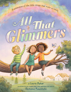 Three children sit on a tree branch with a rainbow overhead. There is a pale boy with blond hair and glasses, a pale girl with straight brown hair, and a dark skinned girl with curly brown hair.