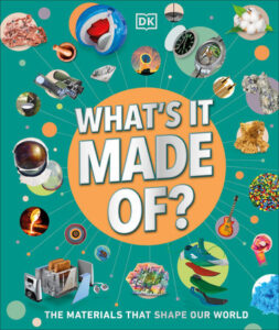 A green background with the title in the middle of a yellow circle. All around it are different human-made and natural objects.