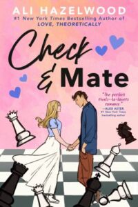 image of book cover showing a young woman with long blonde hair holding hands of a young man with brown hair on a giant chess board