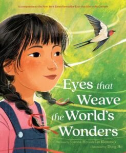 image of a book cover with a little girl with braided pony tails and brown hair watching a barn swallow