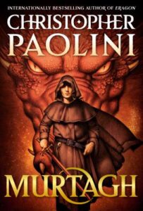 image of a book cover showing a young man in a hooded robe holdin a sword with a large, orange dragon head behind him