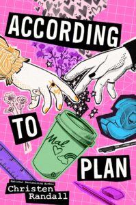 Two comic-styled drawn hands reach towards eachother. There is a coffee cup, flowers, tape, and other school supplies placed like a collage. The background looks like a graph cutting board.