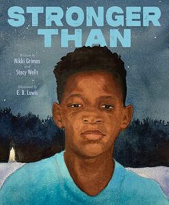 An Afro-Indigenous boy looking forwards. There is a nighttime forest behind him and a glowing figure. The scene looks like it is watercolor painted.