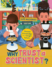 The cover has an illustration of a boy and a woman that look into microscopes. The woman has glasses perched on her head. They are in a science classroom.