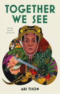The cover has an illustration of a girl's head coming out of a snake's mouth. The skin of the snake is covered in images of plants, frogs, and insects.