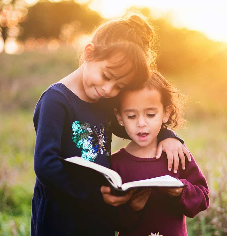 Two young girls, one in a blue dress and one in a mauve dress share reading a book.