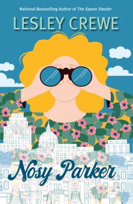 image of book cover with blonde woman looking through binoculars at the town.