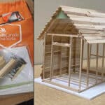 two photos of the mini-cabin carpentry kits showing contents of the kits and a partially built cabin.