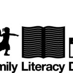 image of Family Literacy Day logo with little girl pulling a man toward an open book with calendar date of January 27 and text 'Family Literacy Day'
