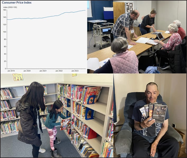 four images of a chart, people attending a technology workshop, a mother and daughter picking out library books and a man sitting in a chair holding DVDs.