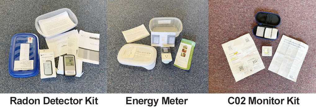 image of radon detector, energy meter and C02 monitor with text below.