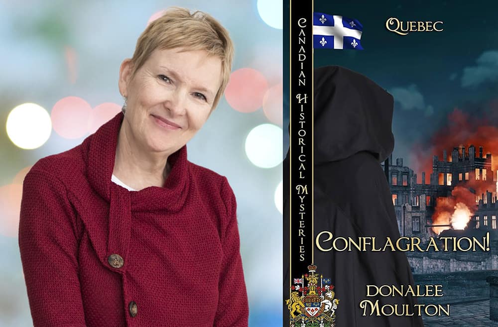 image of a photo of the head and shoulders of a woman with short blonde hair and a red sweater next to the book cover for Conflagration!