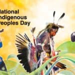 a woman playing a fiddle, a man in First Nations feathered ceremonial dress and a man playing an animal skin drum with the text 'June 21 National Indigenous Peoples Day'