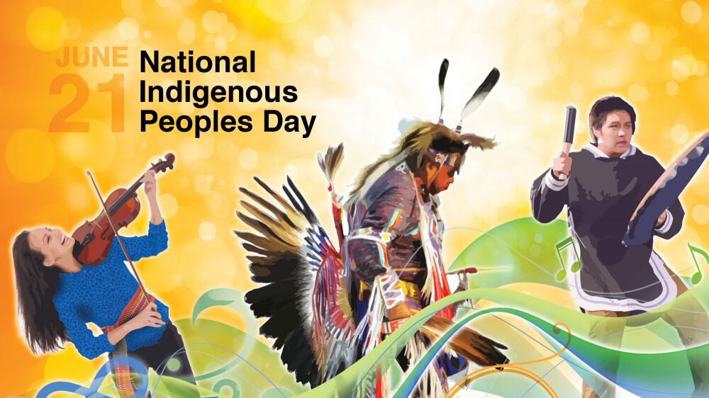 a woman playing a fiddle, a man in First Nations feathered ceremonial dress and a man playing an animal skin drum with the text 'June 21 National Indigenous Peoples Day'