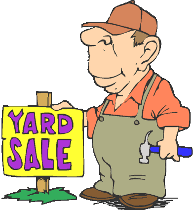 man wearing a brown ball cap and overalls holding a hammer in one hand with his other hand on a sign with the text 'Yard Sale'.