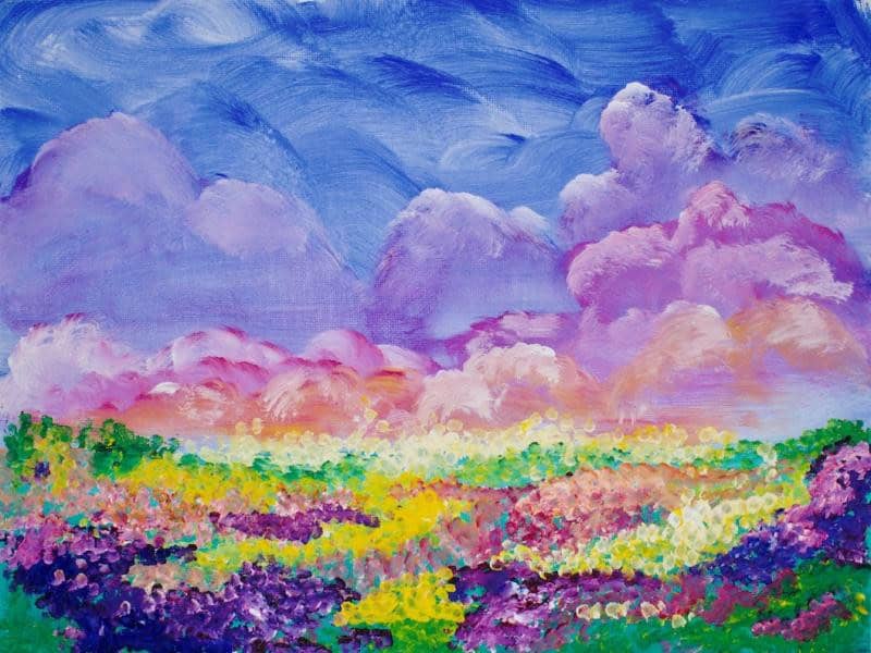 painting of a field of purple, pink and yellow flowers under cloudy skies