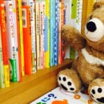 teddy bear on a book shelf pointing to a book