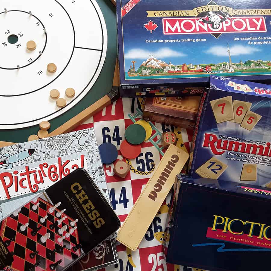 assortment of games such as Scrabble, Monopoly and Pictionary