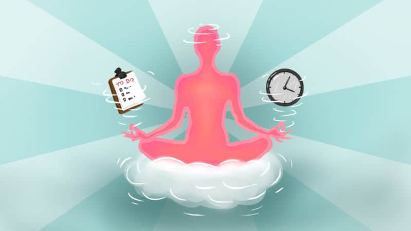 pink person seated cross-legged on a cloud with a notepad on one side and a clock on the other