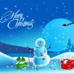 Snowy winter scene of a snowman opening a present with the text 'Merry Christmas'