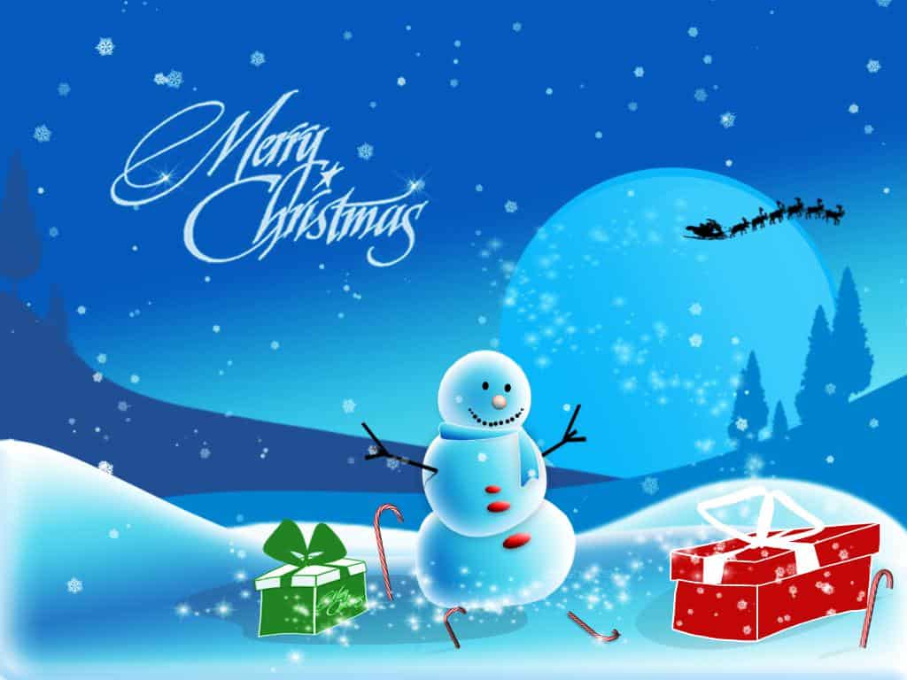 Snowy winter scene of a snowman opening a present with the text 'Merry Christmas'