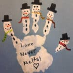 image of a snowman in the shape of a human hand with the text 'Love never melts'