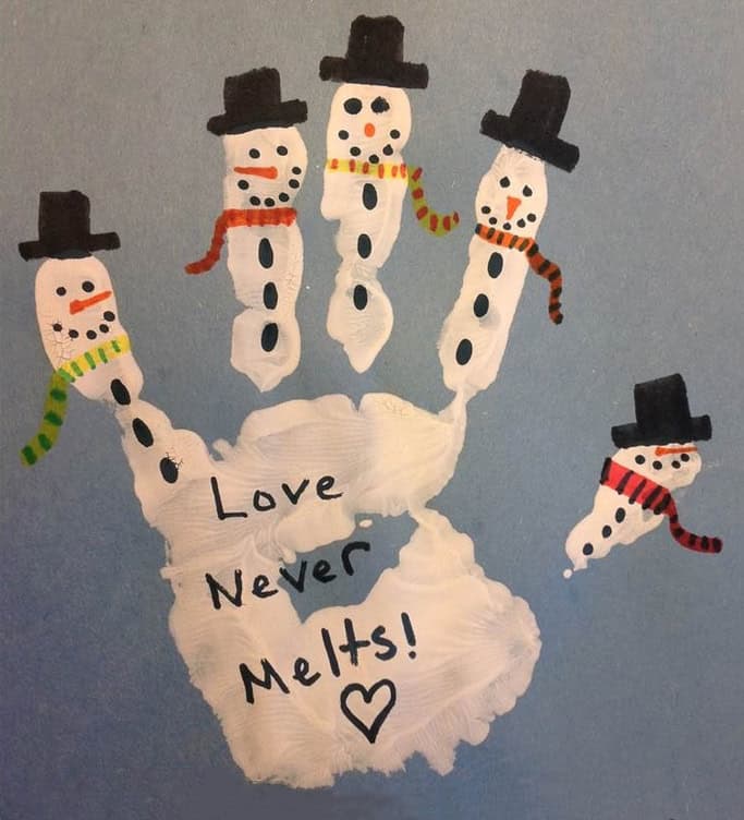 image of a snowman in the shape of a human hand with the text 'Love never melts'