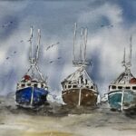 painting of fishing boats in a harbour