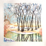 image of a painting of leafless trees in winter by a pond