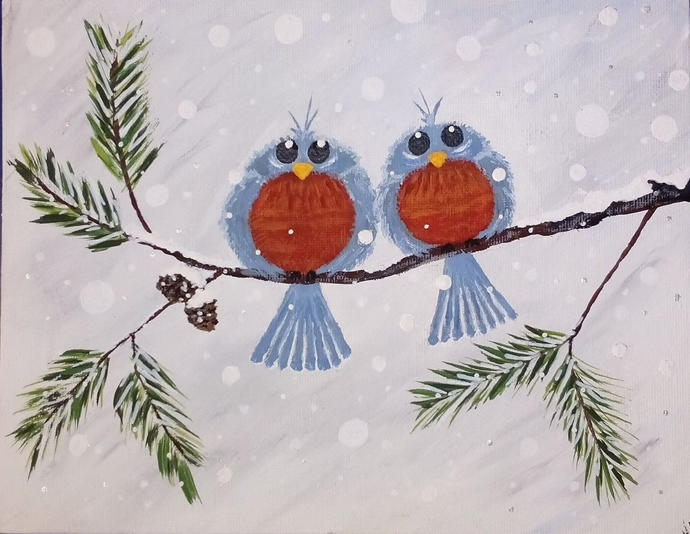 image of a painting of two blue birds on a branch in winter