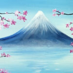 painting of Mount Fuji with cherry blossoms in the foreground.