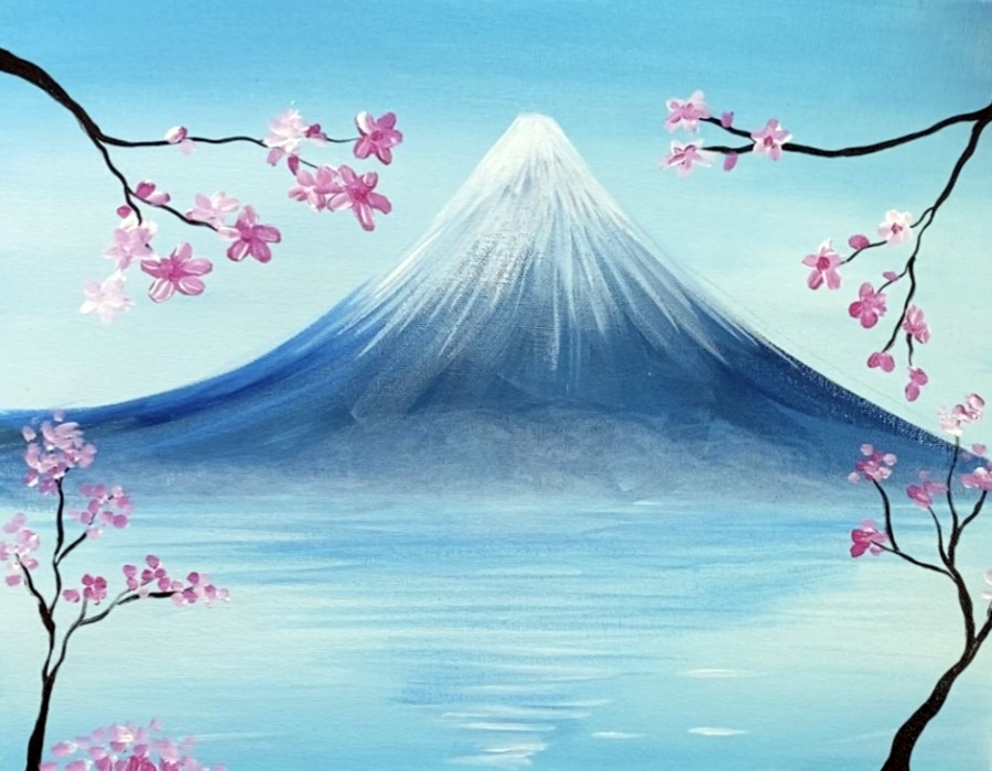 painting of Mount Fuji with cherry blossoms in the foreground.