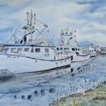 watercolour painting of four lobster boats moored along a narrow waterway.