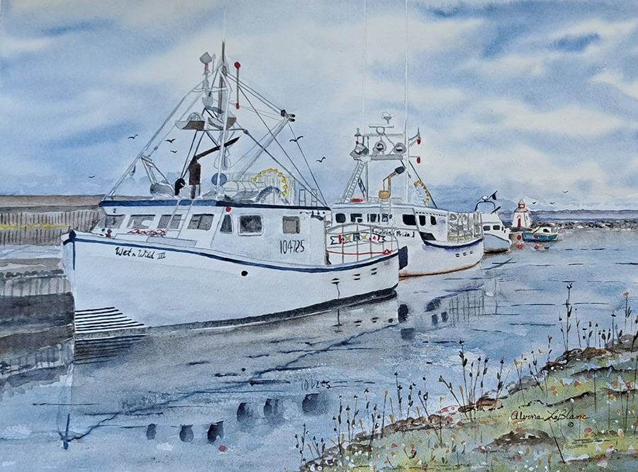 watercolour painting of four lobster boats moored along a narrow waterway.