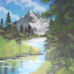 image of a painting featuring a river in front of a mountain