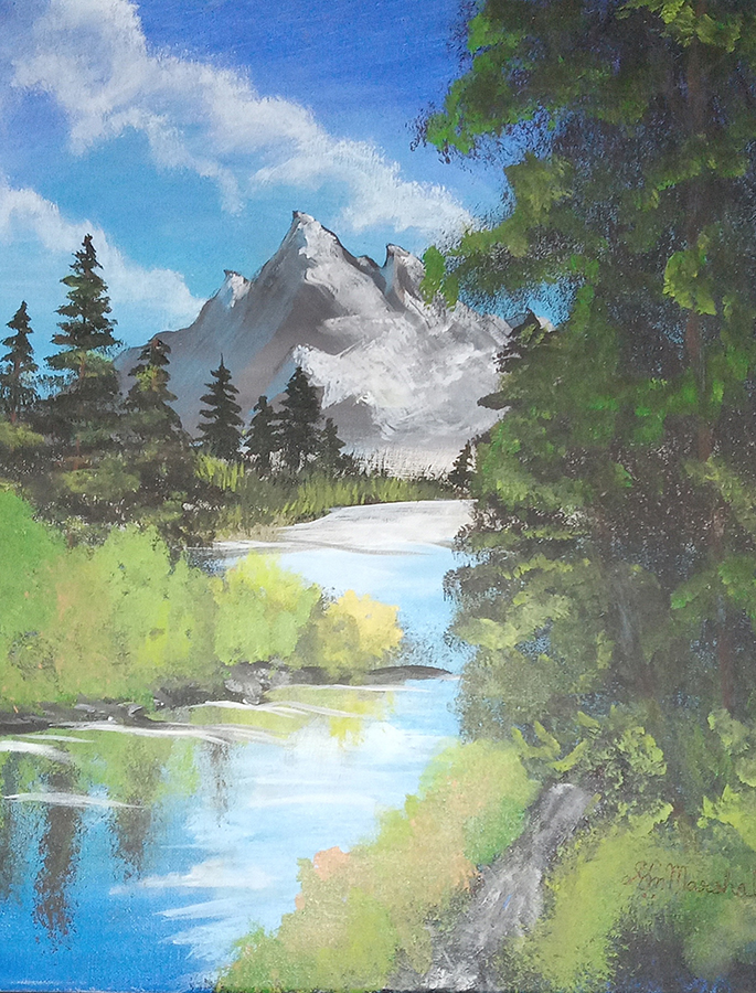 image of a painting featuring a river in front of a mountain