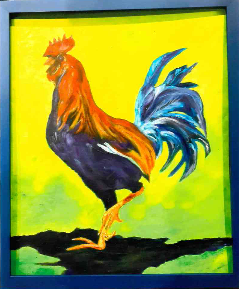 painting of a orange and black rooster