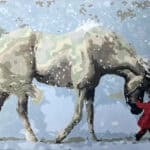 image of a painting of a white horse and child in red coat.