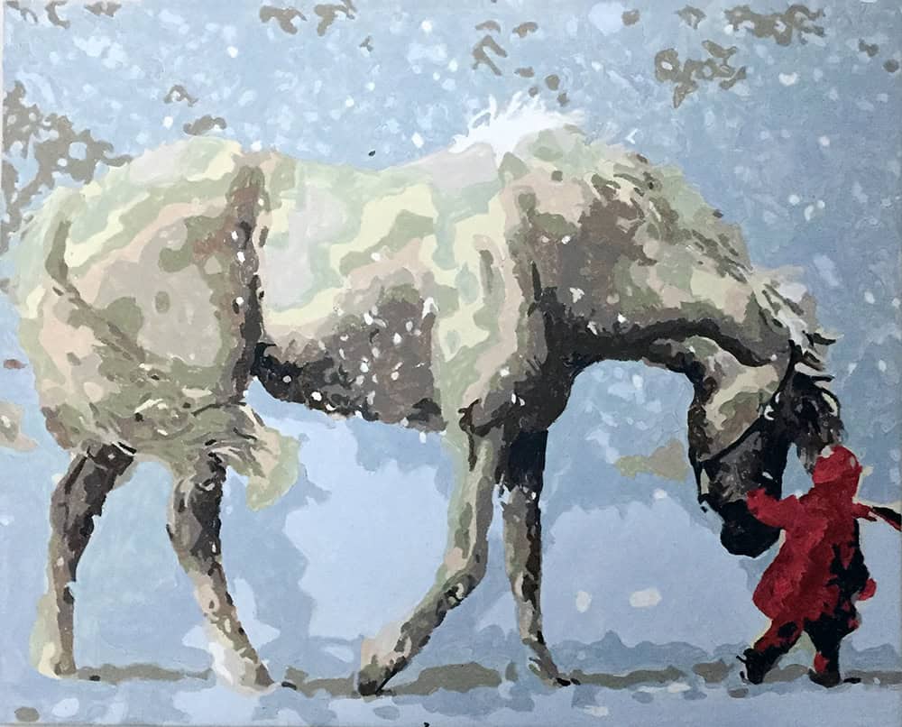 image of a painting of a white horse and child in red coat.