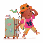 image of a girl wearing a hat and pulling a suitcase.