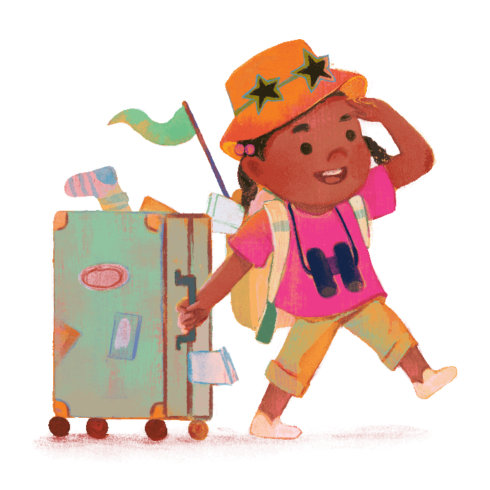 image of a girl wearing a hat and pulling a suitcase.