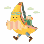 image of a banana boy reading a map with a backpack on