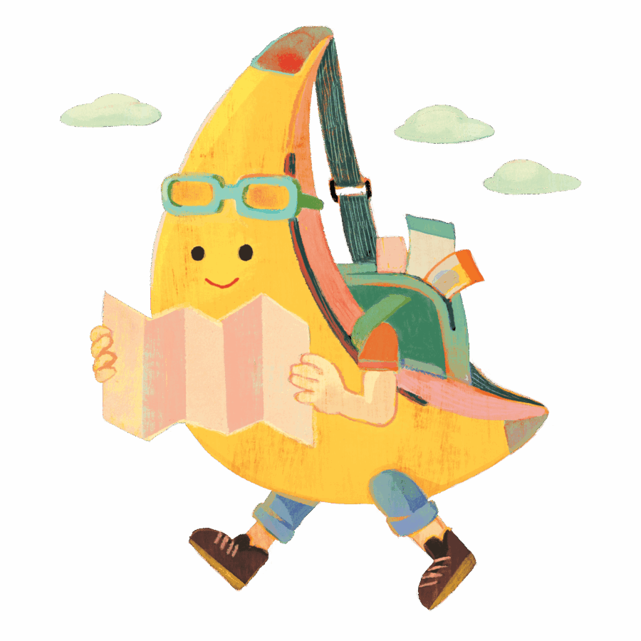 image of a banana boy reading a map with a backpack on