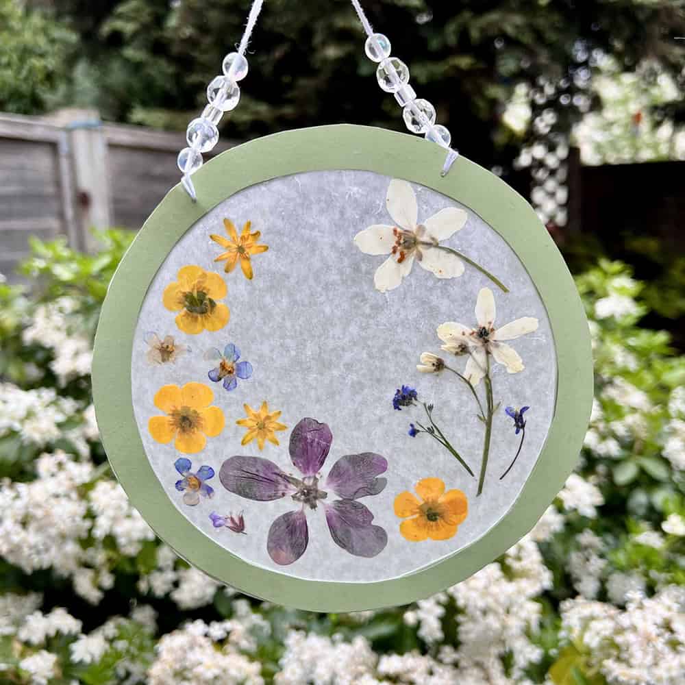 photo of a suncatcher made with tissue paper and pressed flowers